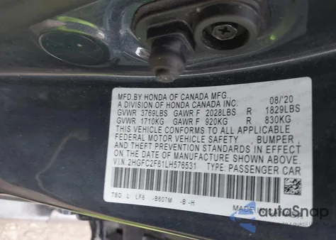 2020 Honda Civic Lx z USA, uszkodzony, nr VIN 2HGFC2F61LH576531